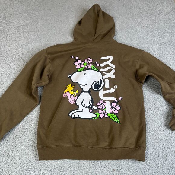 Peanuts Snoopy Hoodie Womens Small Brown Floral Sweatshirt Graphic Double Sided - Picture 1 of 8
